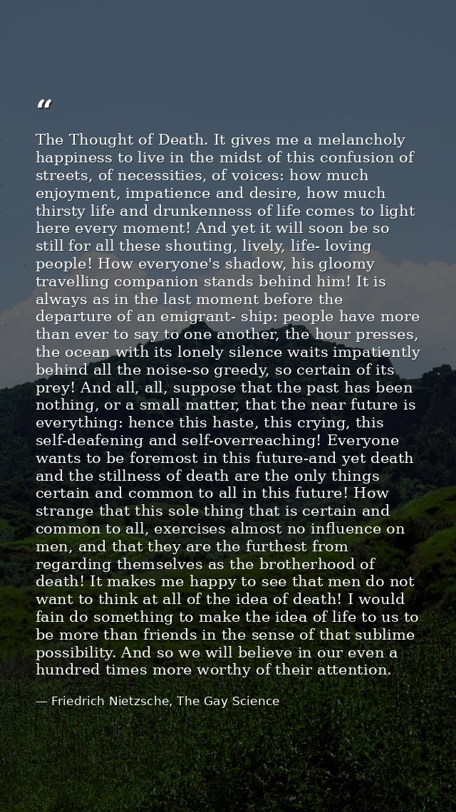 The Thought of Death. It gives me a melancholy happiness to live in the midst of this confusion of streets, of necessiti — Friedrich Nietzsche, The Gay Science