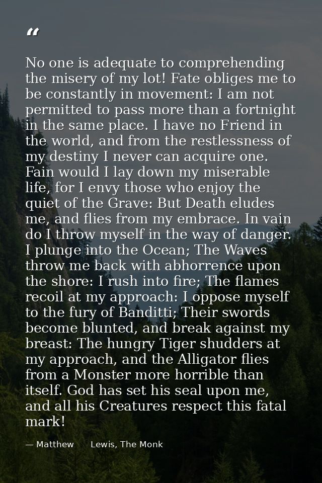 No one is adequate to comprehending the misery of my lot! Fate obliges me to be constantly in movement: I am not permitt — Matthew      Lewis, The Monk