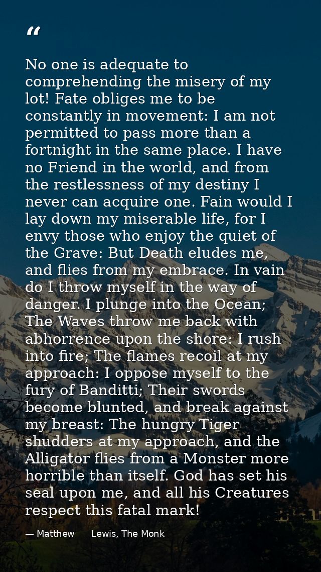 No one is adequate to comprehending the misery of my lot! Fate obliges me to be constantly in movement: I am not permitt — Matthew      Lewis, The Monk