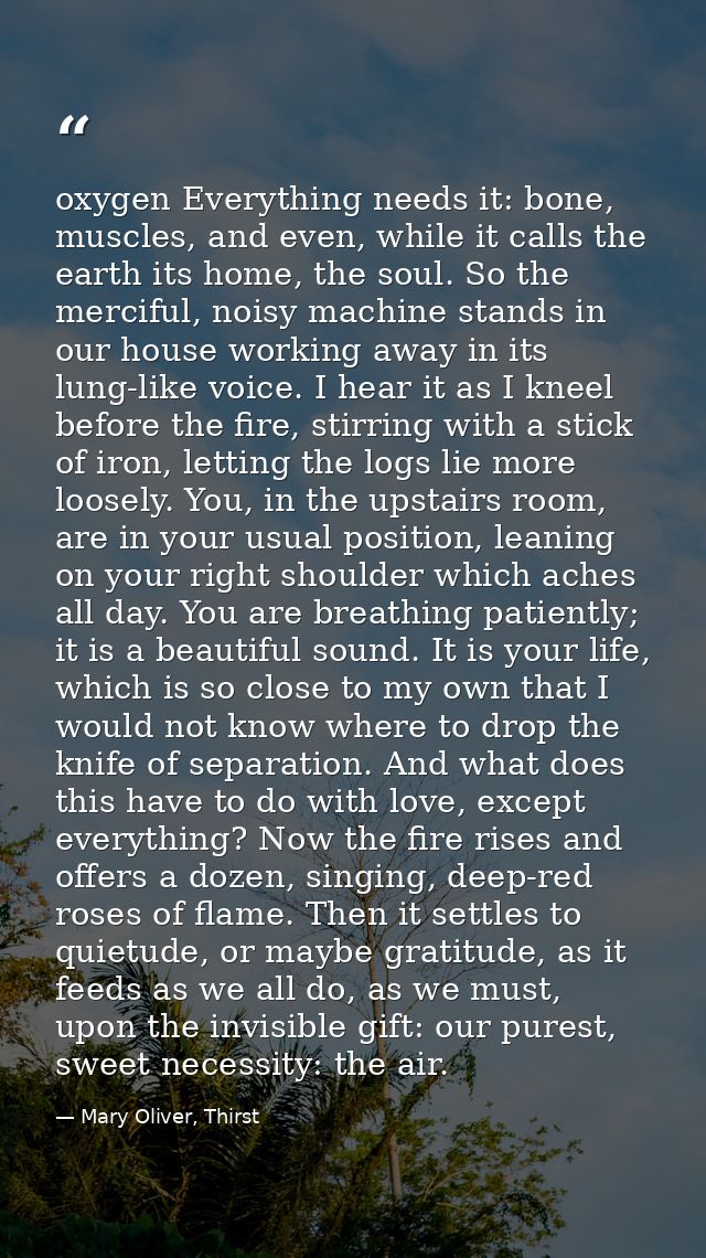 oxygen Everything needs it: bone, muscles, and even, while it calls the earth its home, the soul. So the merciful, noisy — Mary Oliver, Thirst