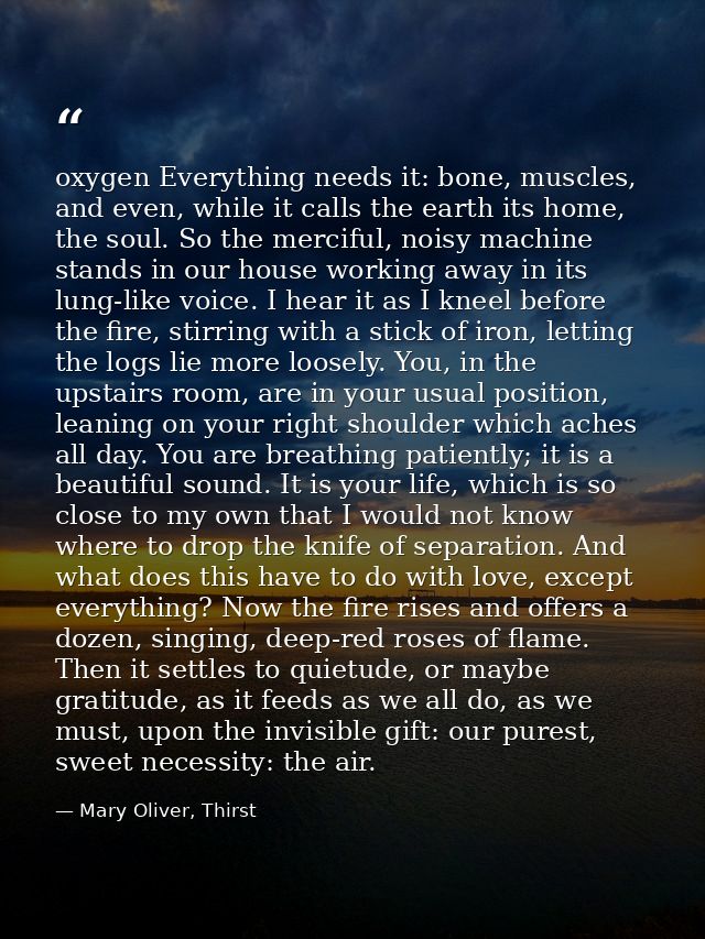 oxygen Everything needs it: bone, muscles, and even, while it calls the earth its home, the soul. So the merciful, noisy — Mary Oliver, Thirst