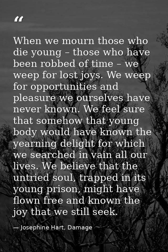 When we mourn those who die young – those who have been robbed of time – we weep for lost joys. We weep for opportunitie — Josephine Hart, Damage