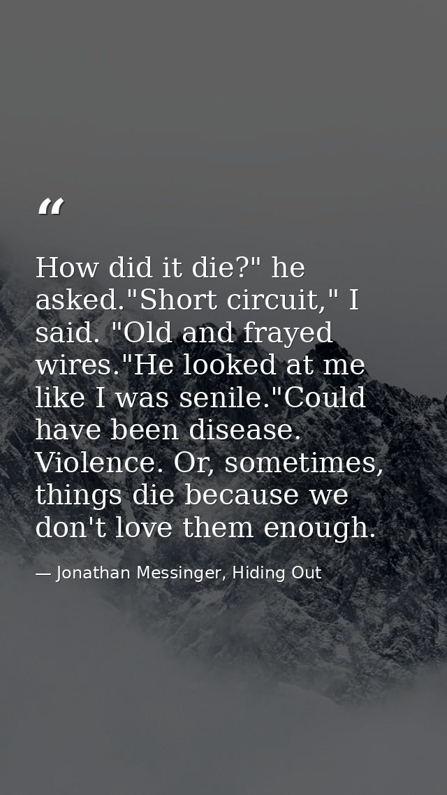 How did it die?" he asked."Short circuit," I said. "Old and frayed wires."He looked at me like I was senile."Could have  — Jonathan Messinger, Hiding Out