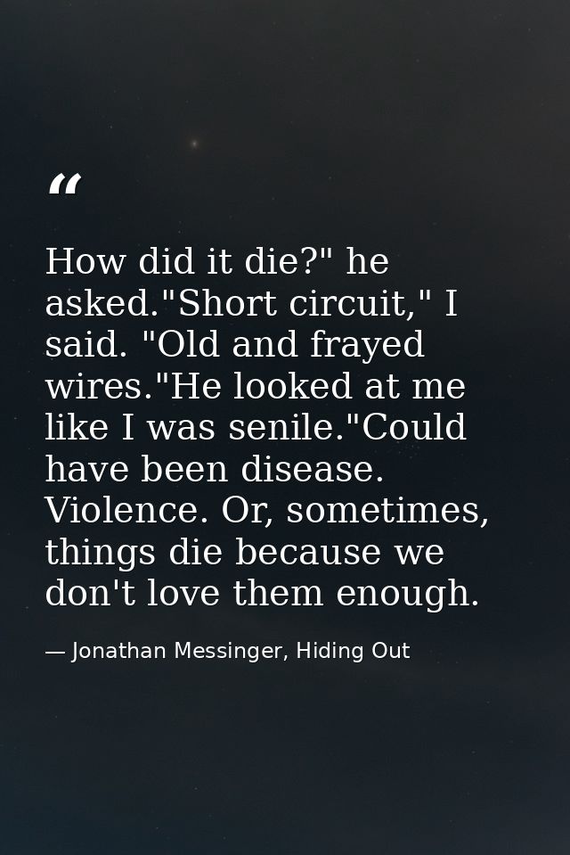 How did it die?" he asked."Short circuit," I said. "Old and frayed wires."He looked at me like I was senile."Could have  — Jonathan Messinger, Hiding Out