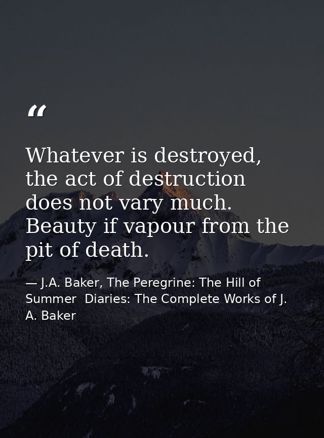 Whatever is destroyed, the act of destruction does not vary much. Beauty if vapour from the pit of death. — J.A. Baker, The Peregrine: The Hill of Summer  Diaries: The Complete Works of J. A. Baker