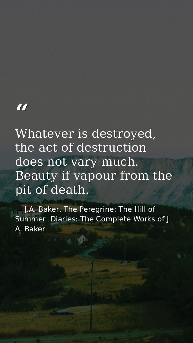 Whatever is destroyed, the act of destruction does not vary much. Beauty if vapour from the pit of death. — J.A. Baker, The Peregrine: The Hill of Summer  Diaries: The Complete Works of J. A. Baker