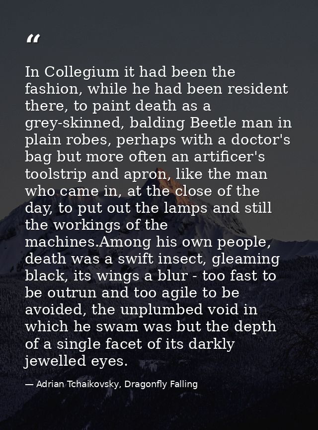 In Collegium it had been the fashion, while he had been resident there, to paint death as a grey-skinned, balding Beetle — Adrian Tchaikovsky, Dragonfly Falling