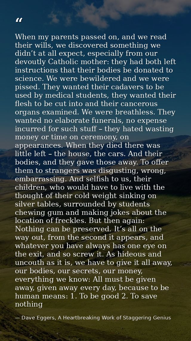When my parents passed on, and we read their wills, we discovered something we didn’t at all expect, especially from our — Dave Eggers, A Heartbreaking Work of Staggering Genius