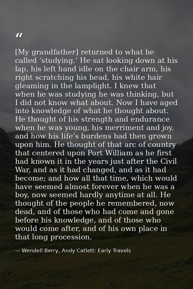 [My grandfather] returned to what he called ‘studying.’ He sat looking down at his lap, his left hand idle on the chair  — Wendell Berry, Andy Catlett: Early Travels