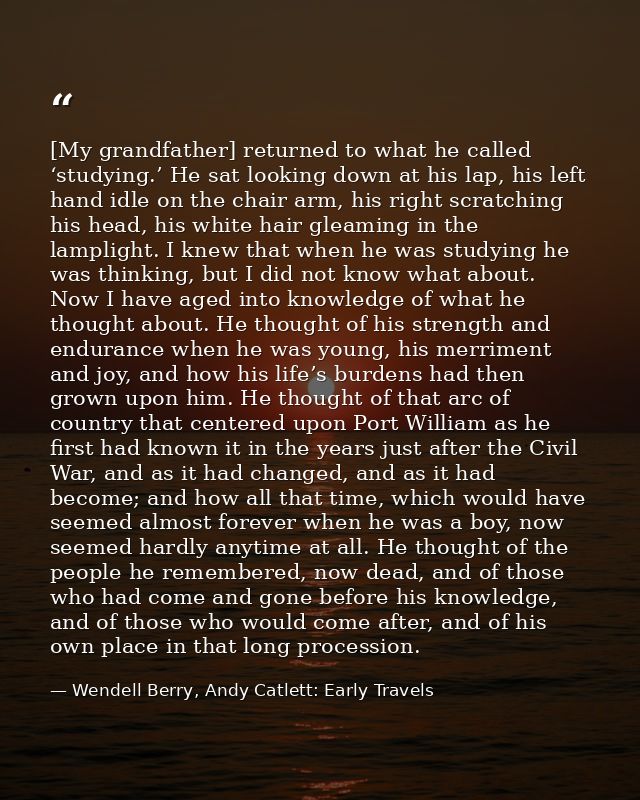 [My grandfather] returned to what he called ‘studying.’ He sat looking down at his lap, his left hand idle on the chair  — Wendell Berry, Andy Catlett: Early Travels