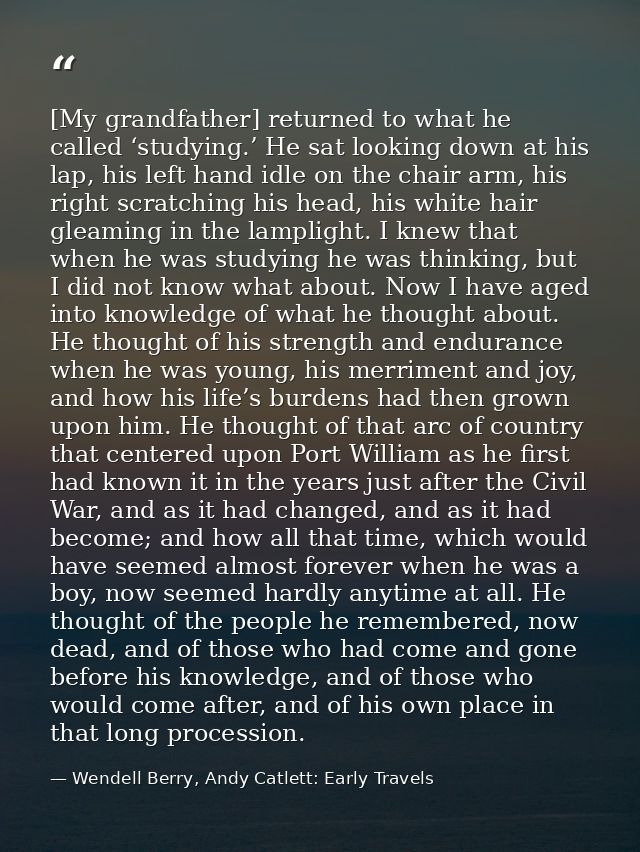 [My grandfather] returned to what he called ‘studying.’ He sat looking down at his lap, his left hand idle on the chair  — Wendell Berry, Andy Catlett: Early Travels