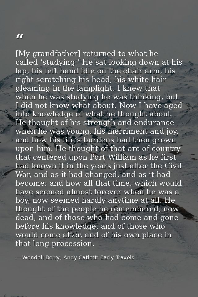 [My grandfather] returned to what he called ‘studying.’ He sat looking down at his lap, his left hand idle on the chair  — Wendell Berry, Andy Catlett: Early Travels