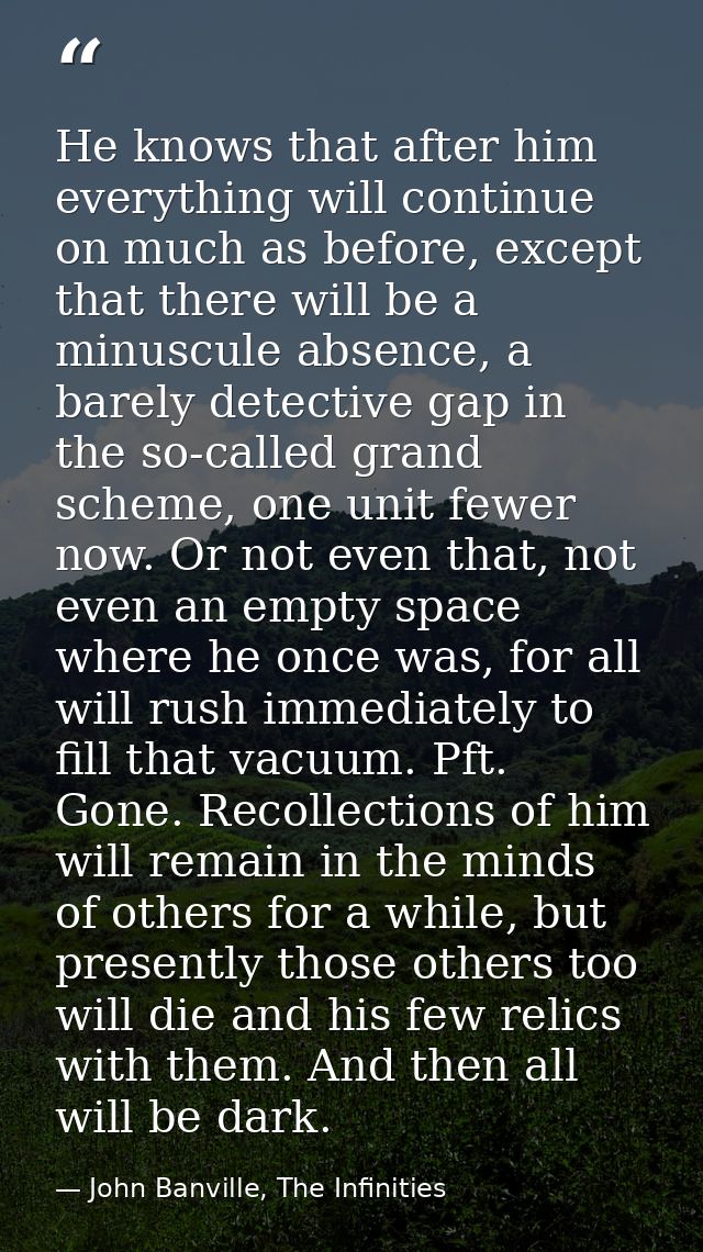 He knows that after him everything will continue on much as before, except that there will be a minuscule absence, a bar — John Banville, The Infinities