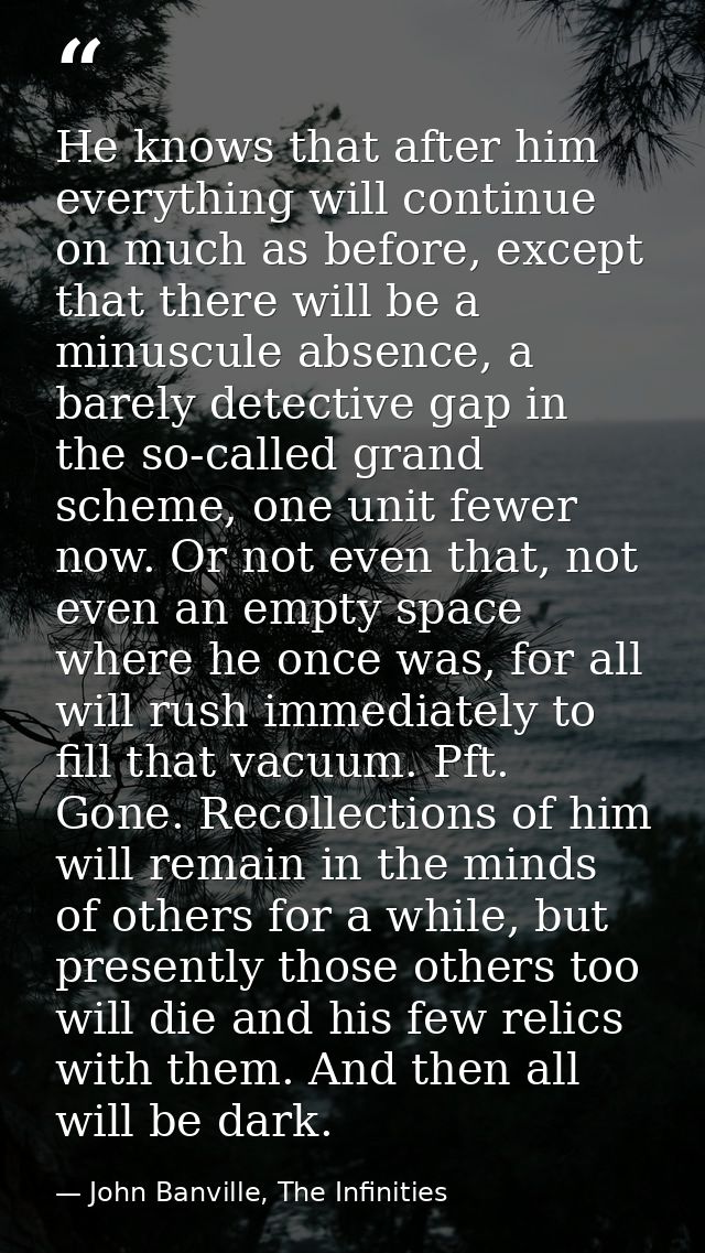 He knows that after him everything will continue on much as before, except that there will be a minuscule absence, a bar — John Banville, The Infinities