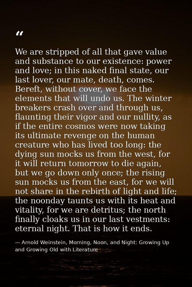 We are stripped of all that gave value and substance to our existence: power and love; in this naked final state, our la — Arnold Weinstein, Morning, Noon, and Night: Growing Up and Growing Old with Literature