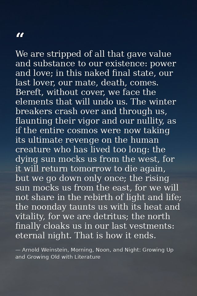 We are stripped of all that gave value and substance to our existence: power and love; in this naked final state, our la — Arnold Weinstein, Morning, Noon, and Night: Growing Up and Growing Old with Literature