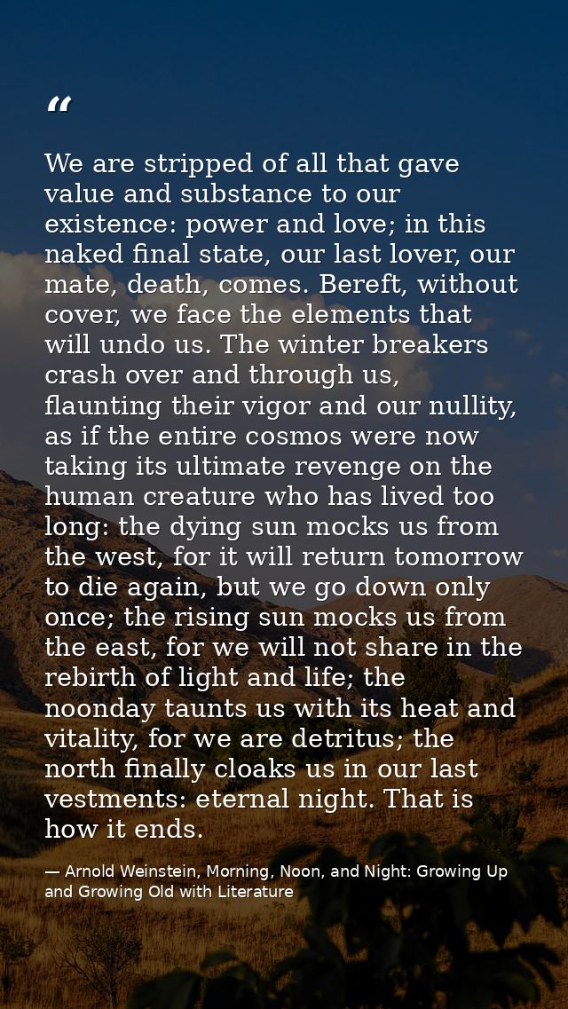 We are stripped of all that gave value and substance to our existence: power and love; in this naked final state, our la — Arnold Weinstein, Morning, Noon, and Night: Growing Up and Growing Old with Literature