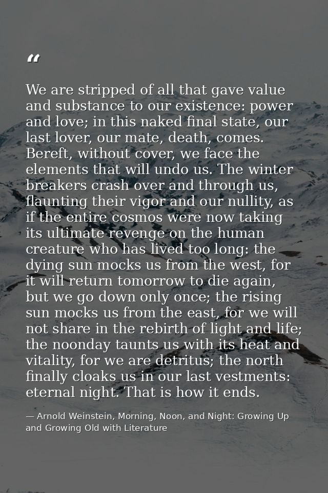 We are stripped of all that gave value and substance to our existence: power and love; in this naked final state, our la — Arnold Weinstein, Morning, Noon, and Night: Growing Up and Growing Old with Literature