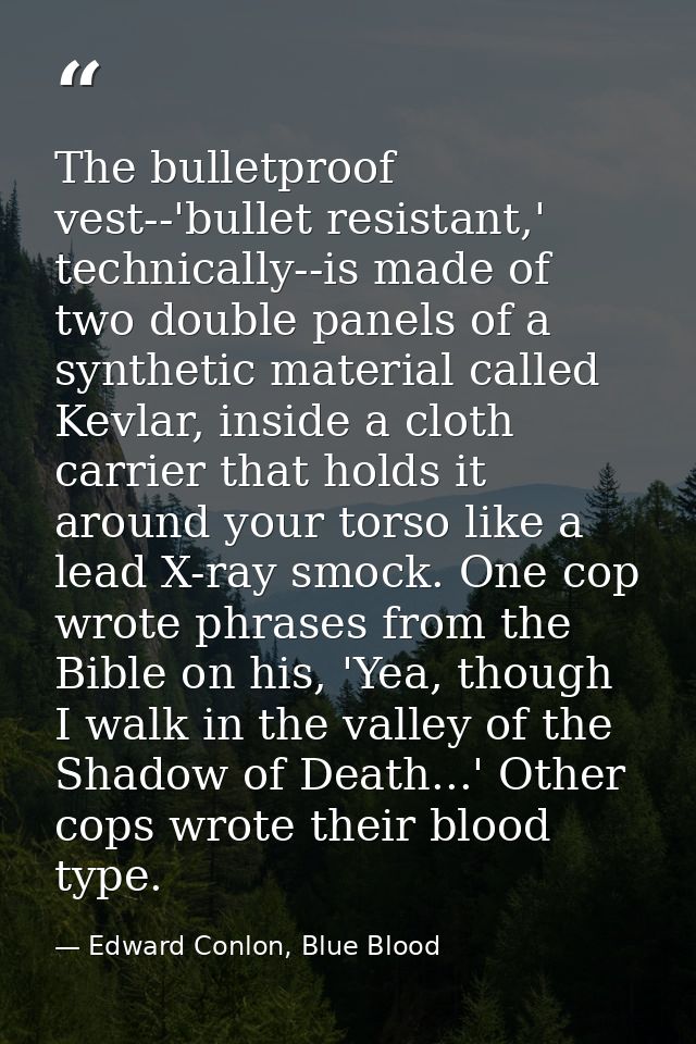 The bulletproof vest--'bullet resistant,' technically--is made of two double panels of a synthetic material called Kevla — Edward Conlon, Blue Blood