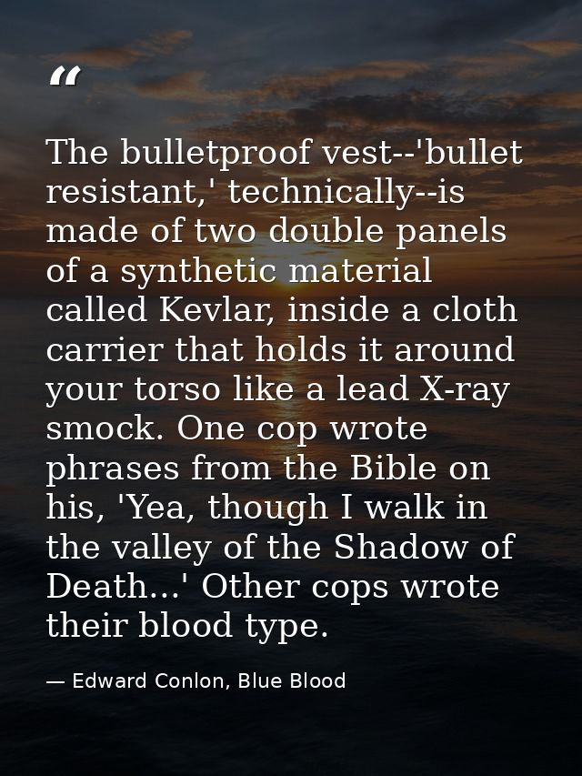 The bulletproof vest--'bullet resistant,' technically--is made of two double panels of a synthetic material called Kevla — Edward Conlon, Blue Blood
