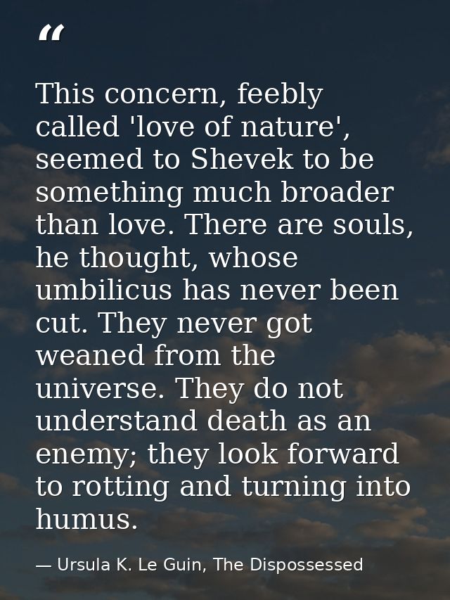 This concern, feebly called 'love of nature', seemed to Shevek to be something much broader than love. There are souls,  — Ursula K. Le Guin, The Dispossessed