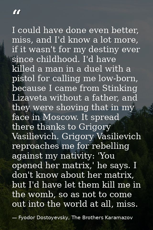 I could have done even better, miss, and I'd know a lot more, if it wasn't for my destiny ever since childhood. I'd have — Fyodor Dostoyevsky, The Brothers Karamazov