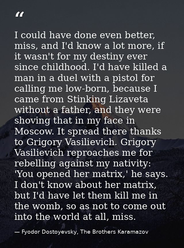 I could have done even better, miss, and I'd know a lot more, if it wasn't for my destiny ever since childhood. I'd have — Fyodor Dostoyevsky, The Brothers Karamazov
