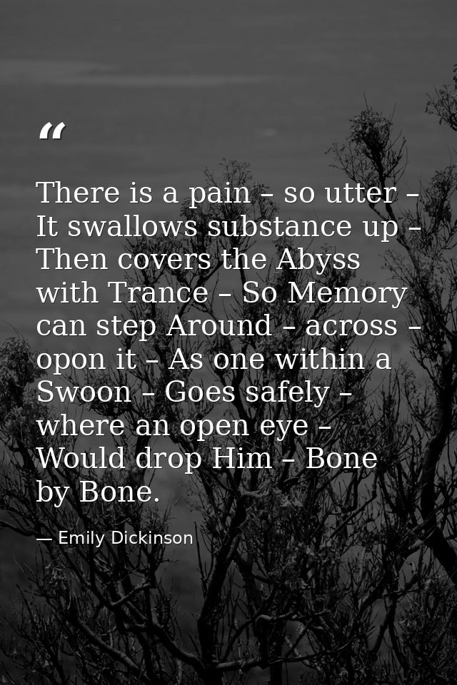 There is a pain – so utter – It swallows substance up – Then covers the Abyss with Trance – So Memory can step Around –  — Emily Dickinson