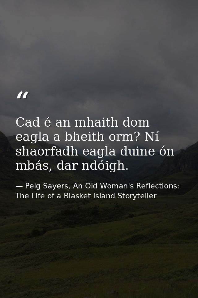 Cad é an mhaith dom eagla a bheith orm? Ní shaorfadh eagla duine ón mbás, dar ndóigh. — Peig Sayers, An Old Woman's Reflections: The Life of a Blasket Island Storyteller