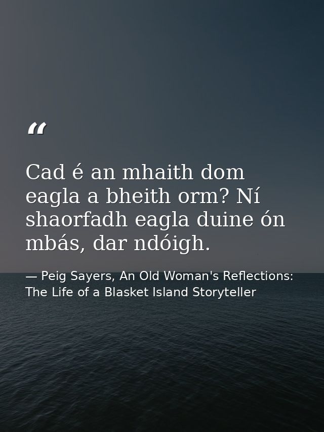 Cad é an mhaith dom eagla a bheith orm? Ní shaorfadh eagla duine ón mbás, dar ndóigh. — Peig Sayers, An Old Woman's Reflections: The Life of a Blasket Island Storyteller