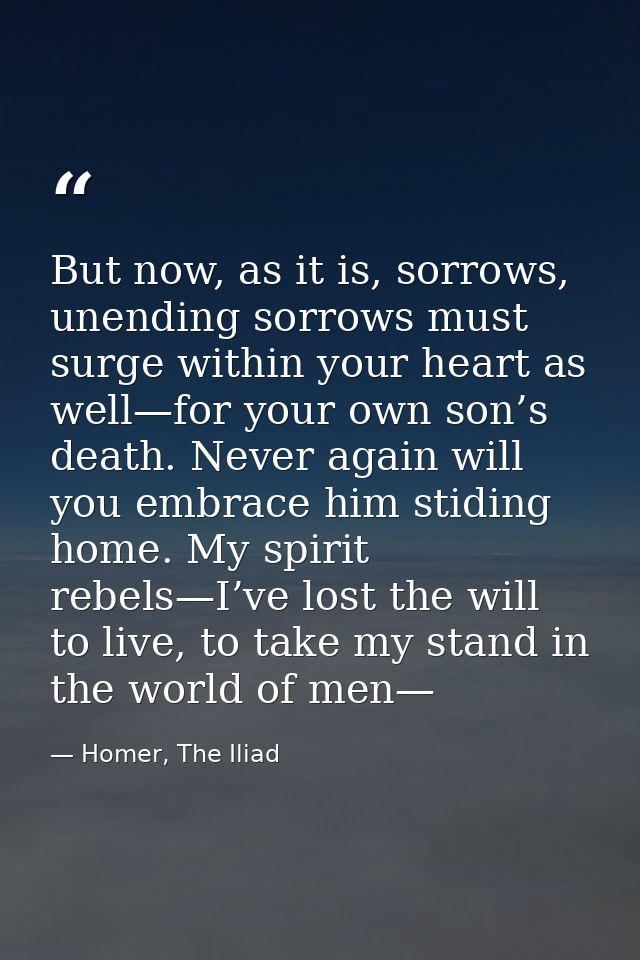 But now, as it is, sorrows, unending sorrows must surge within your heart as well—for your own son’s death. Never again  — Homer, The Iliad