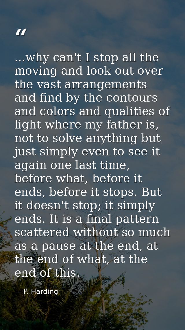 ...why can't I stop all the moving and look out over the vast arrangements and find by the contours and colors and quali — P. Harding