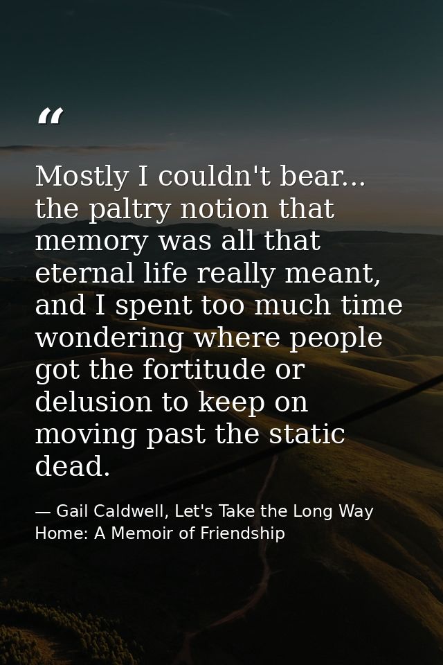 Mostly I couldn't bear... the paltry notion that memory was all that eternal life really meant, and I spent too much tim — Gail Caldwell, Let's Take the Long Way Home: A Memoir of Friendship