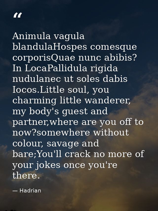 Animula vagula blandulaHospes comesque corporisQuae nunc abibis? In LocaPallidula rigida nudulanec ut soles dabis Iocos. — Hadrian