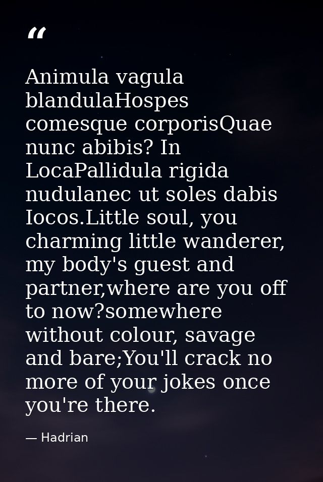 Animula vagula blandulaHospes comesque corporisQuae nunc abibis? In LocaPallidula rigida nudulanec ut soles dabis Iocos. — Hadrian