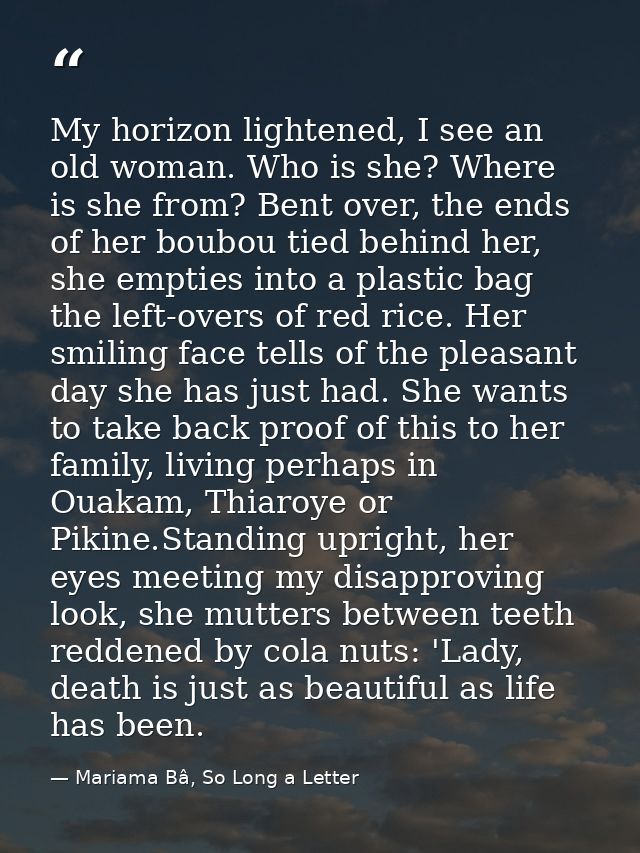 My horizon lightened, I see an old woman. Who is she? Where is she from? Bent over, the ends of her boubou tied behind h — Mariama Bâ, So Long a Letter