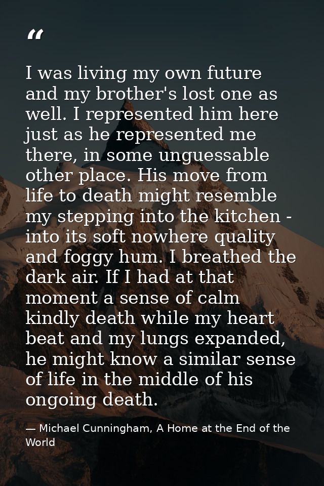 I was living my own future and my brother's lost one as well. I represented him here just as he represented me there, in — Michael Cunningham, A Home at the End of the World