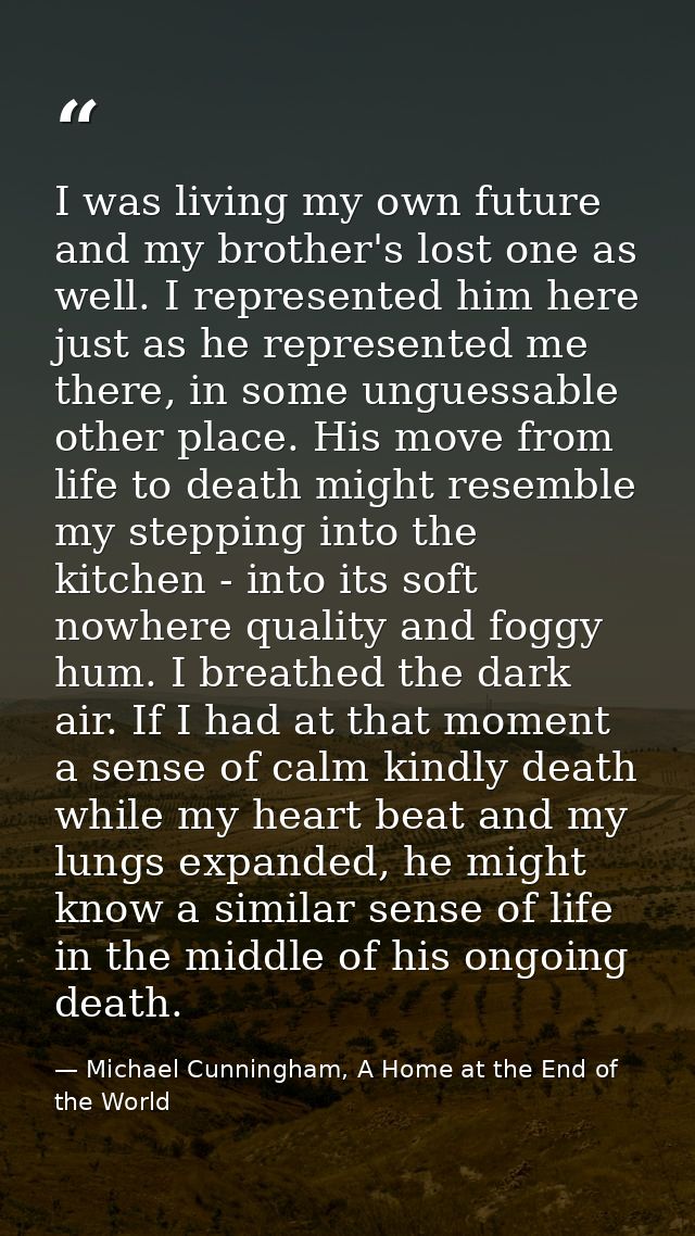 I was living my own future and my brother's lost one as well. I represented him here just as he represented me there, in — Michael Cunningham, A Home at the End of the World