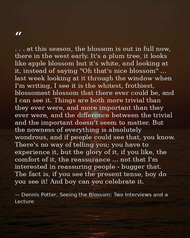 . . . at this season, the blossom is out in full now, there in the west early. It's a plum tree, it looks like apple blo — Dennis Potter, Seeing the Blossom: Two Interviews and a Lecture