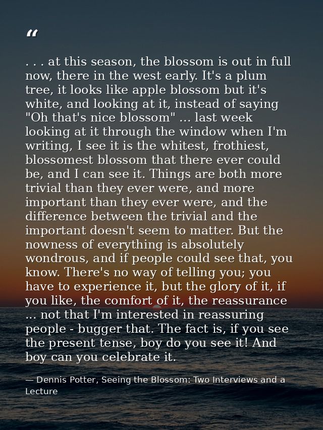 . . . at this season, the blossom is out in full now, there in the west early. It's a plum tree, it looks like apple blo — Dennis Potter, Seeing the Blossom: Two Interviews and a Lecture