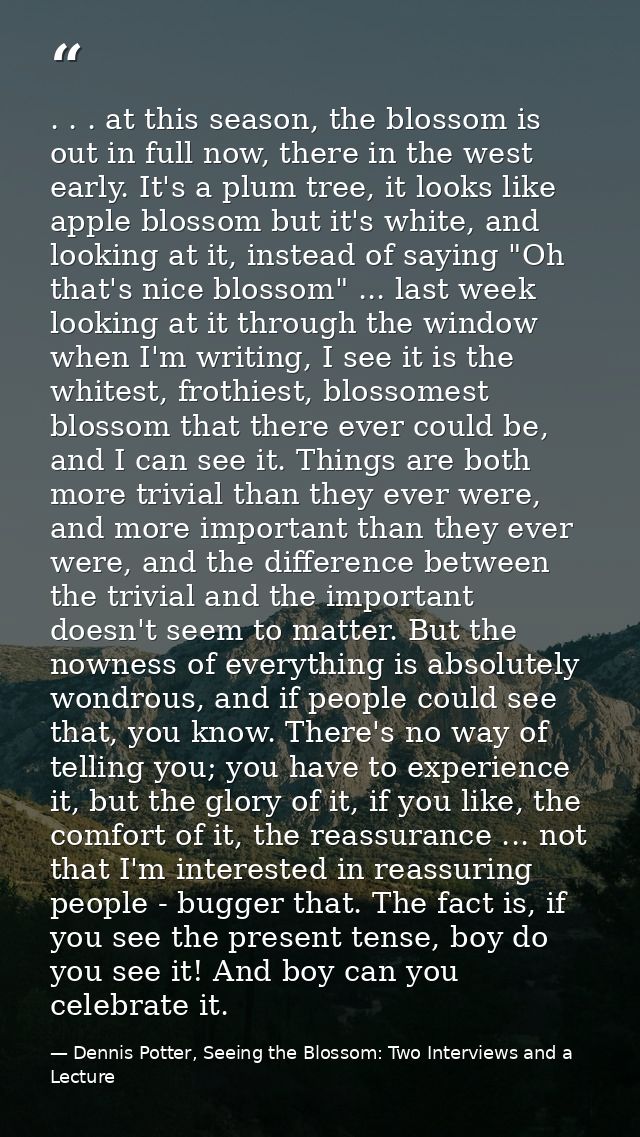 . . . at this season, the blossom is out in full now, there in the west early. It's a plum tree, it looks like apple blo — Dennis Potter, Seeing the Blossom: Two Interviews and a Lecture