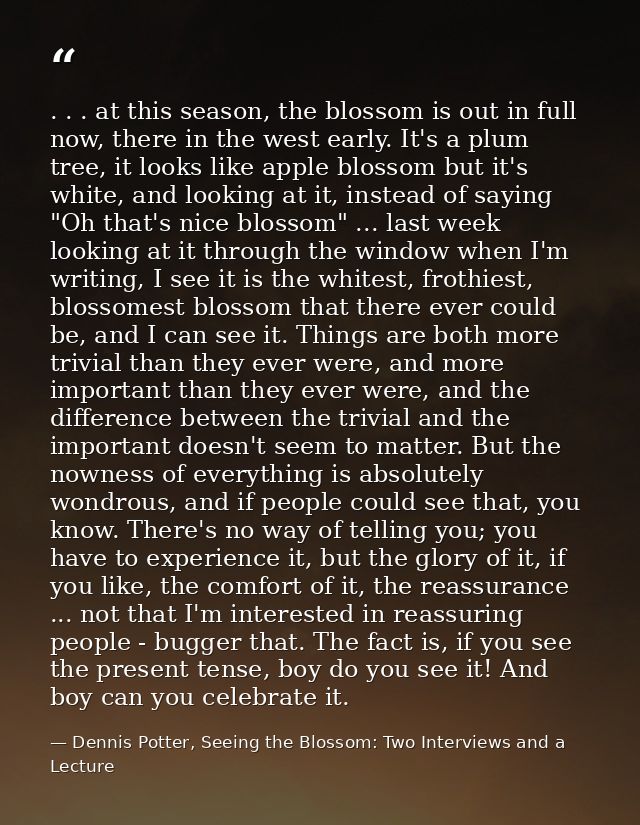 . . . at this season, the blossom is out in full now, there in the west early. It's a plum tree, it looks like apple blo — Dennis Potter, Seeing the Blossom: Two Interviews and a Lecture
