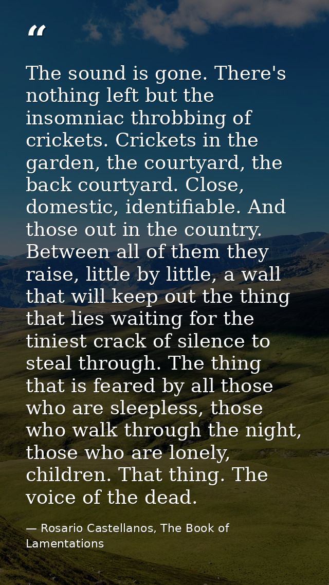 The sound is gone. There's nothing left but the insomniac throbbing of crickets. Crickets in the garden, the courtyard,  — Rosario Castellanos, The Book of Lamentations