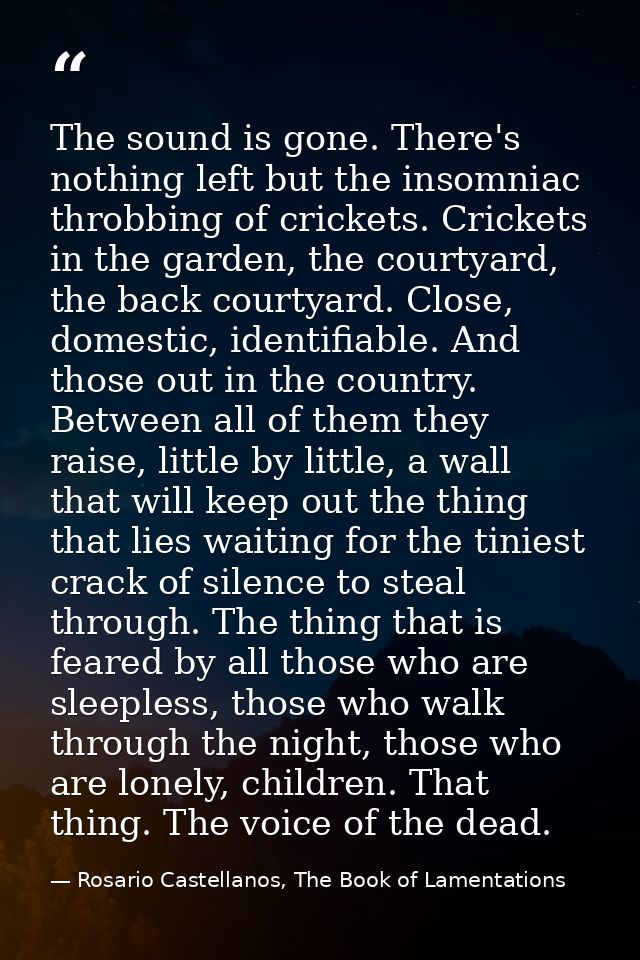 The sound is gone. There's nothing left but the insomniac throbbing of crickets. Crickets in the garden, the courtyard,  — Rosario Castellanos, The Book of Lamentations