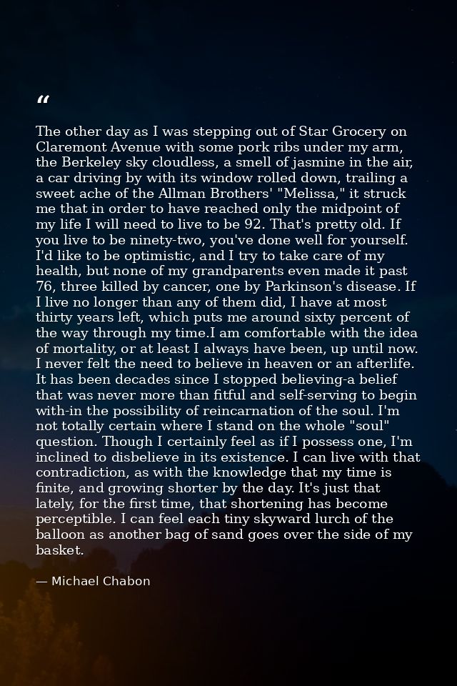 The other day as I was stepping out of Star Grocery on Claremont Avenue with some pork ribs under my arm, the Berkeley s — Michael Chabon