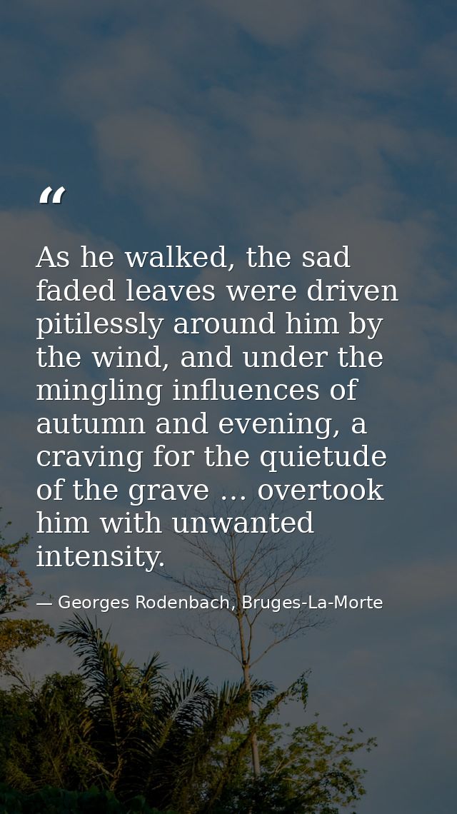 As he walked, the sad faded leaves were driven pitilessly around him by the wind, and under the mingling influences of a — Georges Rodenbach, Bruges-La-Morte