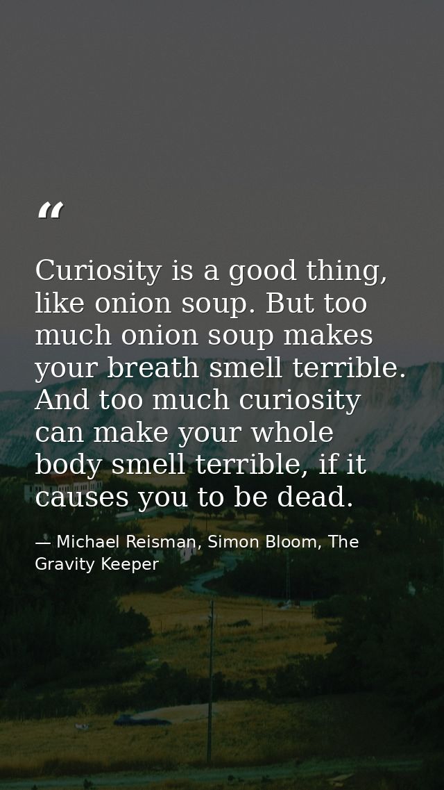 Curiosity is a good thing, like onion soup. But too much onion soup makes your breath smell terrible. And too much curio — Michael Reisman, Simon Bloom, The Gravity Keeper