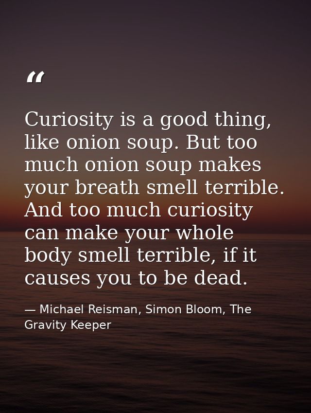 Curiosity is a good thing, like onion soup. But too much onion soup makes your breath smell terrible. And too much curio — Michael Reisman, Simon Bloom, The Gravity Keeper