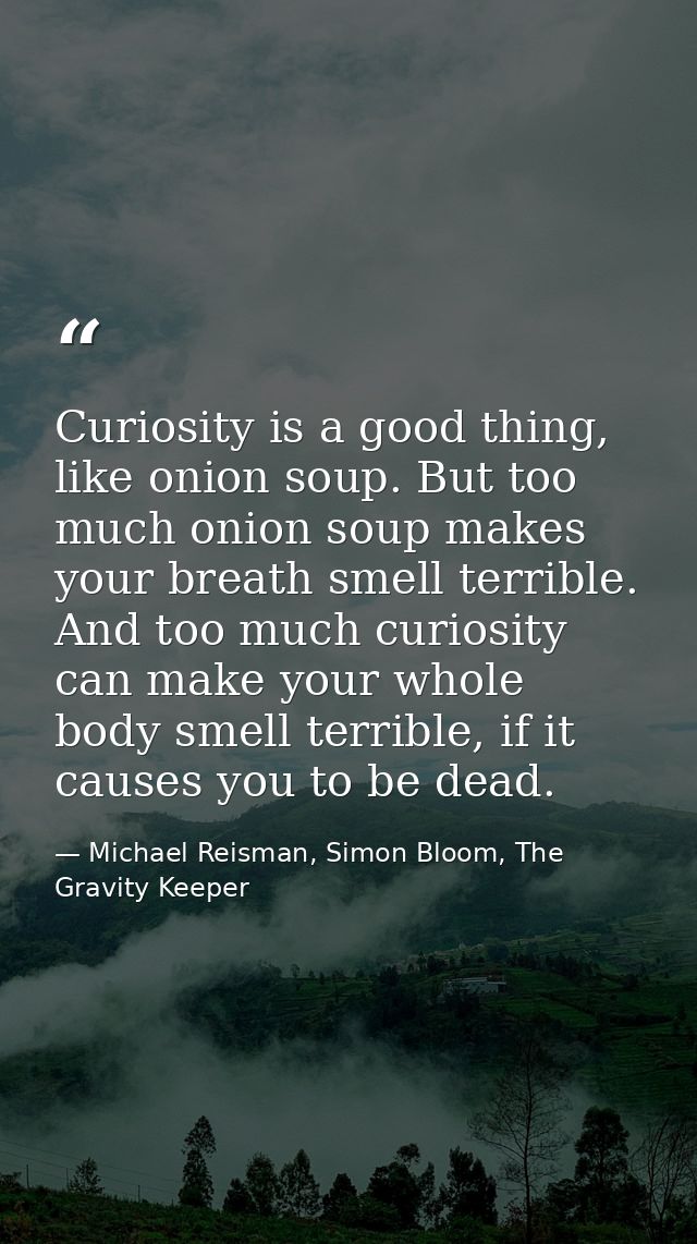 Curiosity is a good thing, like onion soup. But too much onion soup makes your breath smell terrible. And too much curio — Michael Reisman, Simon Bloom, The Gravity Keeper