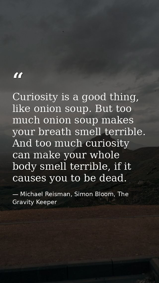 Curiosity is a good thing, like onion soup. But too much onion soup makes your breath smell terrible. And too much curio — Michael Reisman, Simon Bloom, The Gravity Keeper